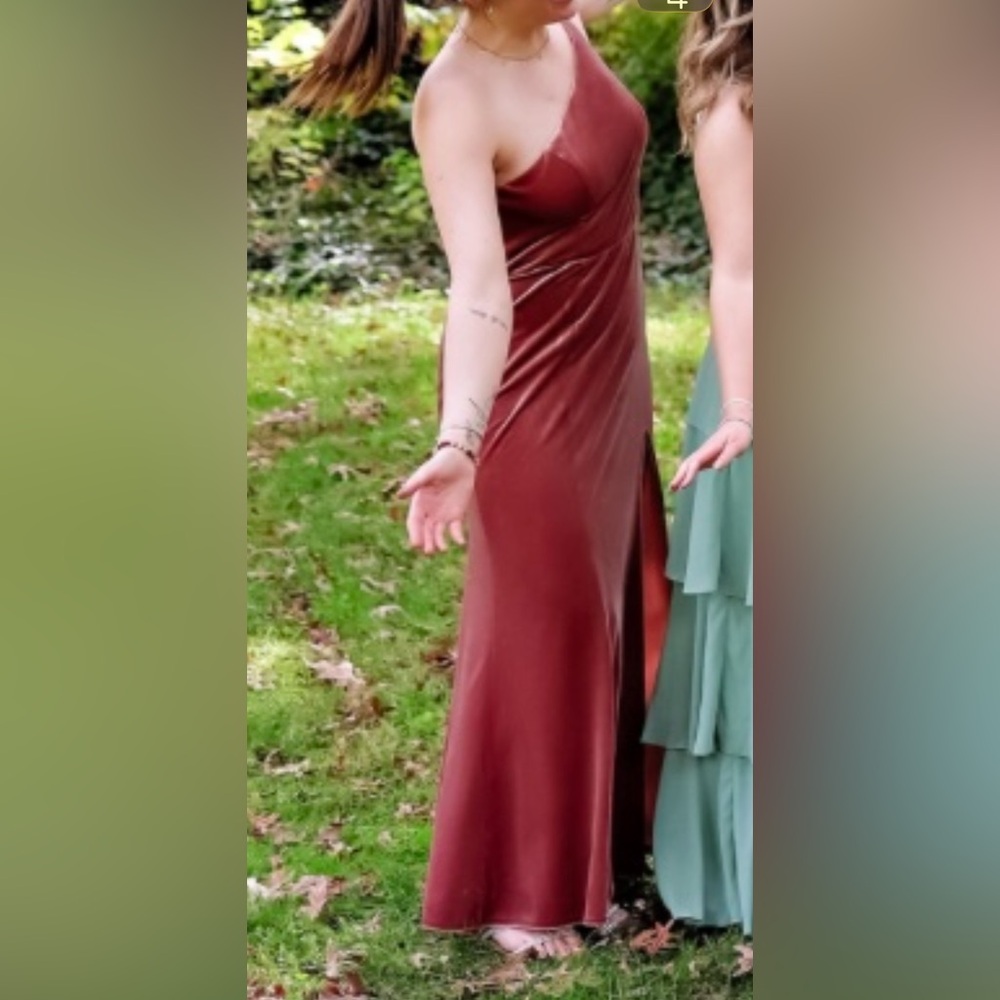 Azazie One Shoulder Velvet Dress in Brown